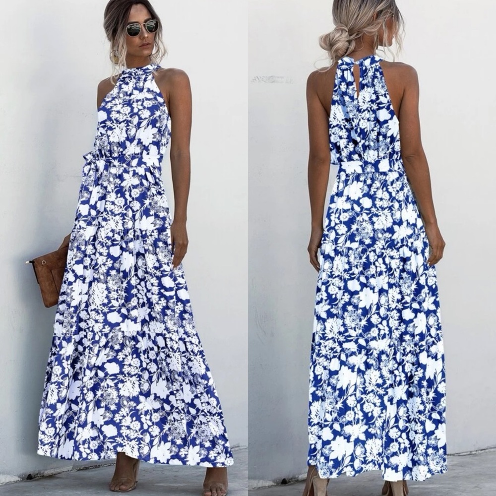 Belted boho ruffle halter maxi dress dot leopard print navy blue - Picture 6 of 7